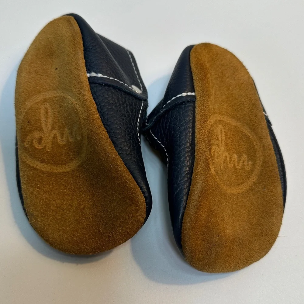 Navy Blue Mon Petit Shoes T-Strap Leather‎ Handmade Baby 4 Soft Soled Shoes